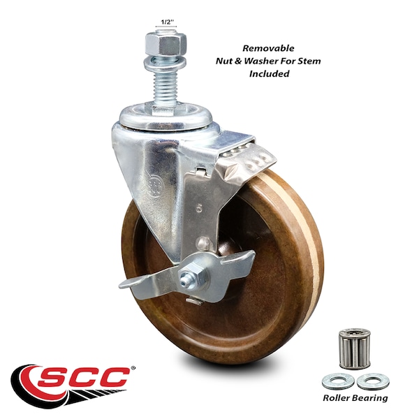 5 Inch High Temp Phenolic Wheel Swivel 1/2 Inch Threaded Stem Caster with Brake
